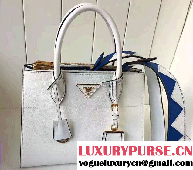 Prada Paradigme Saffiano And Calf Leather Bag 1BA103 White/Sea Blue With Embellishments On The Shoulder Strap 2017