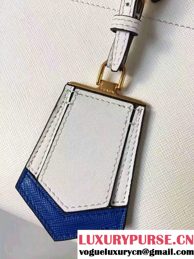 Prada Paradigme Saffiano And Calf Leather Bag 1BA103 White/Sea Blue With Embellishments On The Shoulder Strap 2017