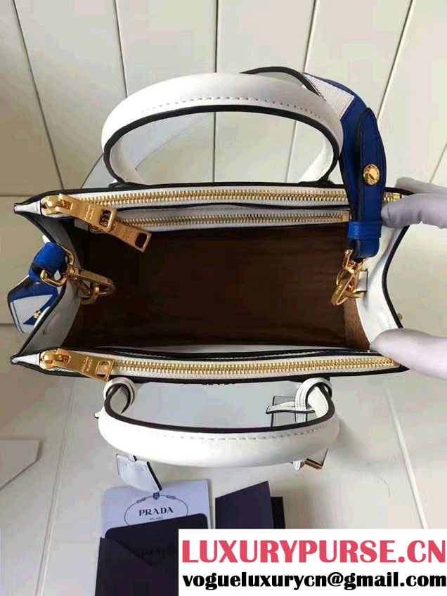 Prada Paradigme Saffiano And Calf Leather Bag 1BA103 White/Sea Blue With Embellishments On The Shoulder Strap 2017