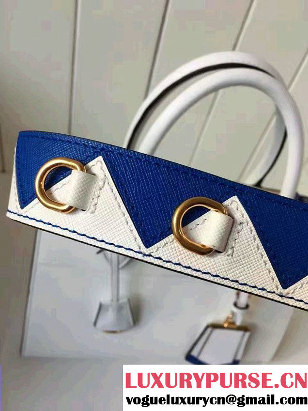 Prada Paradigme Saffiano And Calf Leather Bag 1BA103 White/Sea Blue With Embellishments On The Shoulder Strap 2017