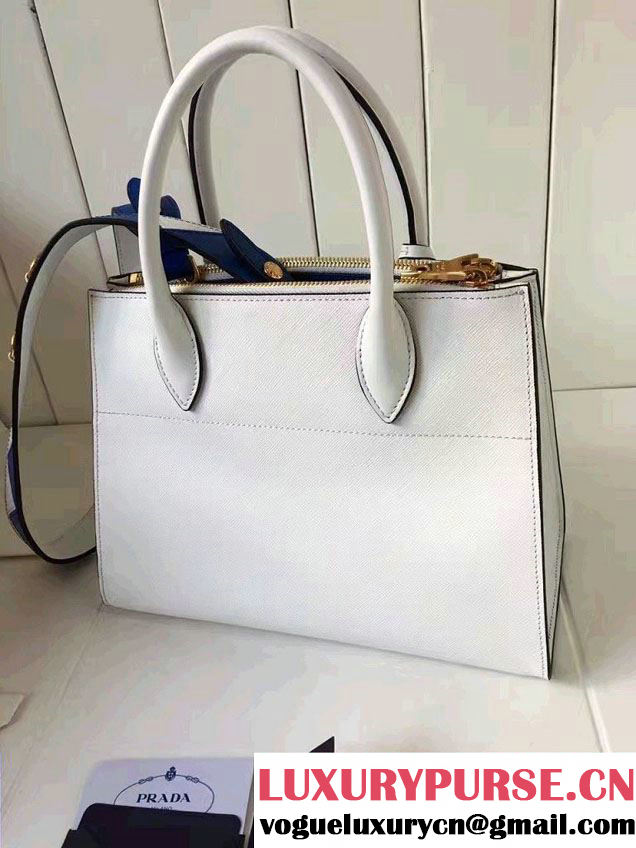 Prada Paradigme Saffiano And Calf Leather Bag 1BA103 White/Sea Blue With Embellishments On The Shoulder Strap 2017