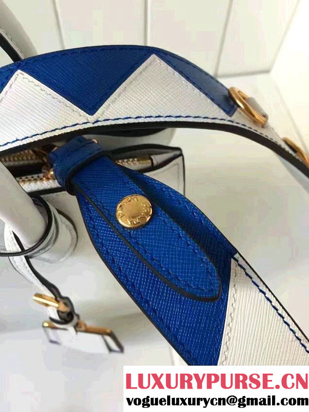 Prada Paradigme Saffiano And Calf Leather Bag 1BA103 White/Sea Blue With Embellishments On The Shoulder Strap 2017