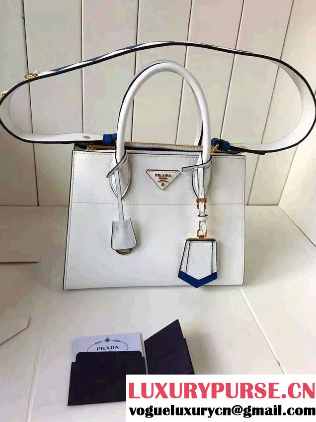 Prada Paradigme Saffiano And Calf Leather Bag 1BA103 White/Sea Blue With Embellishments On The Shoulder Strap 2017