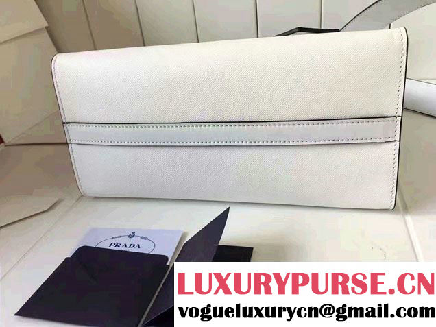 Prada Paradigme Saffiano And Calf Leather Bag 1BA103 White/Sea Blue With Embellishments On The Shoulder Strap 2017