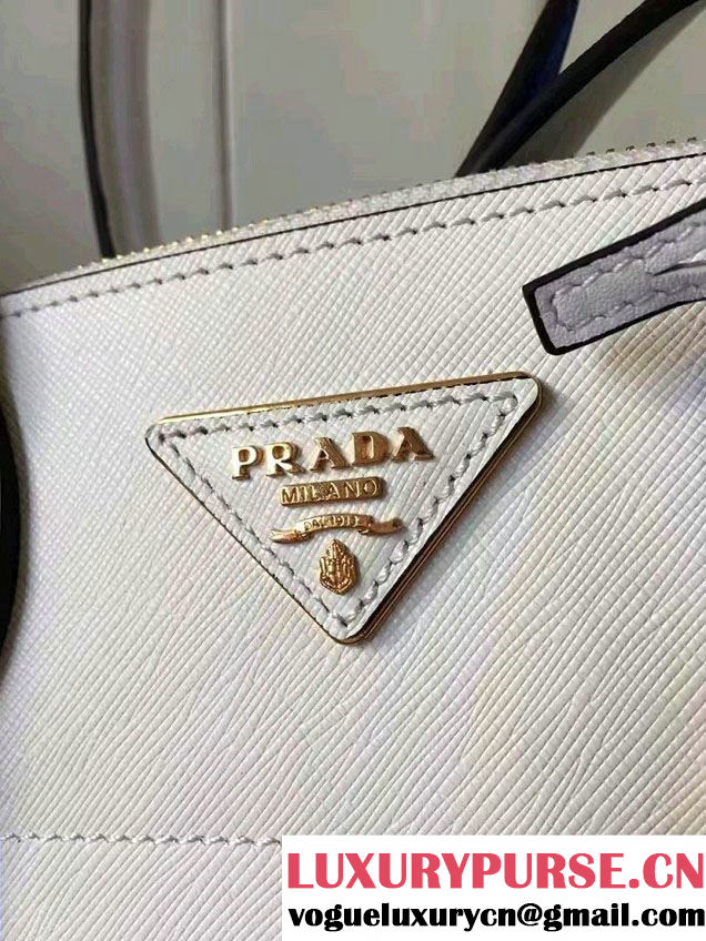 Prada Paradigme Saffiano And Calf Leather Bag 1BA103 White/Sea Blue With Embellishments On The Shoulder Strap 2017