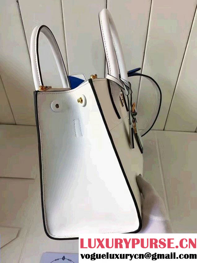 Prada Paradigme Saffiano And Calf Leather Bag 1BA103 White/Sea Blue With Embellishments On The Shoulder Strap 2017
