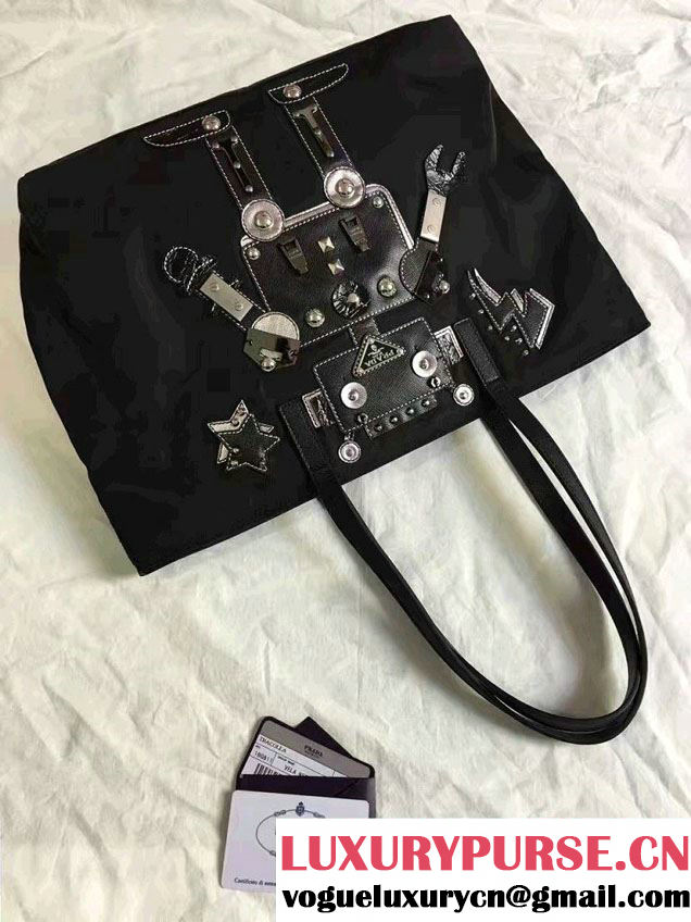 Prada Robot Motif And Metal Fabric Tote Bag 1BG052 2017