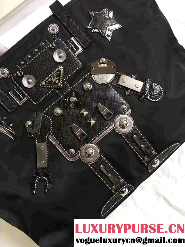Prada Robot Motif And Metal Fabric Tote Bag 1BG052 2017