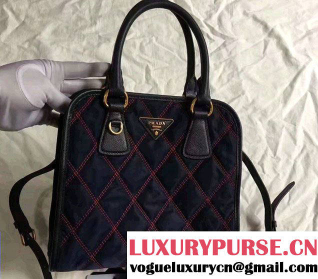 Prada Quilt Quilted Fabric Tote Bag 1BA100 Blue/Red 2017