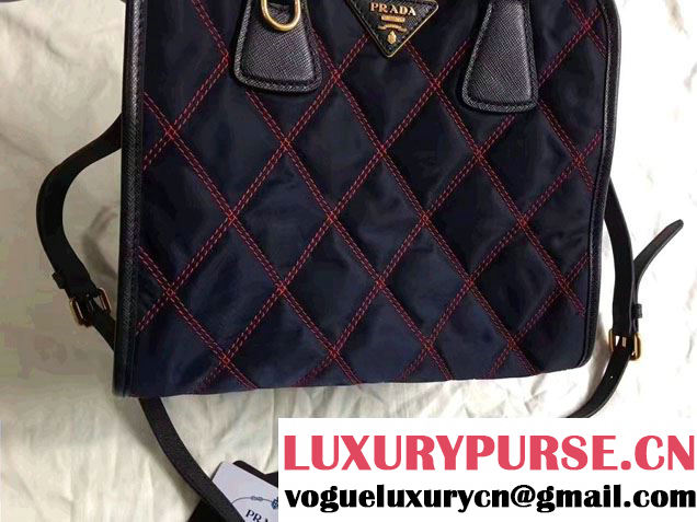 Prada Quilt Quilted Fabric Tote Bag 1BA100 Blue/Red 2017