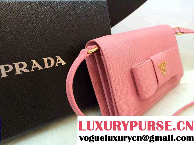 Prada Saffiano Leather Bow Wallet with Shoulder Strap 1M1437 Pink 2015/2016