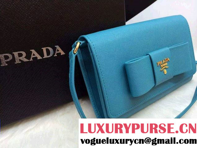 Prada Saffiano Leather Bow Wallet with Shoulder Strap 1M1437 Turquoise 2015/2016
