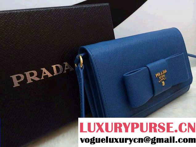 Prada Saffiano Leather Bow Wallet with Shoulder Strap 1M1437 Blue 2015/2016