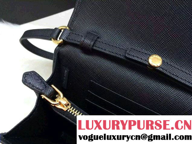 Prada Saffiano Leather Bow Wallet with Shoulder Strap 1M1437 Black 2015/2016