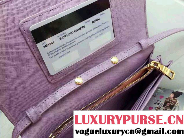 Prada Saffiano Leather Wallet with Shoulder Strap 1M1361 Lavender