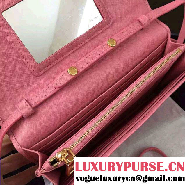 Prada Saffiano Leather Wallet with Shoulder Strap 1M1361 Pink