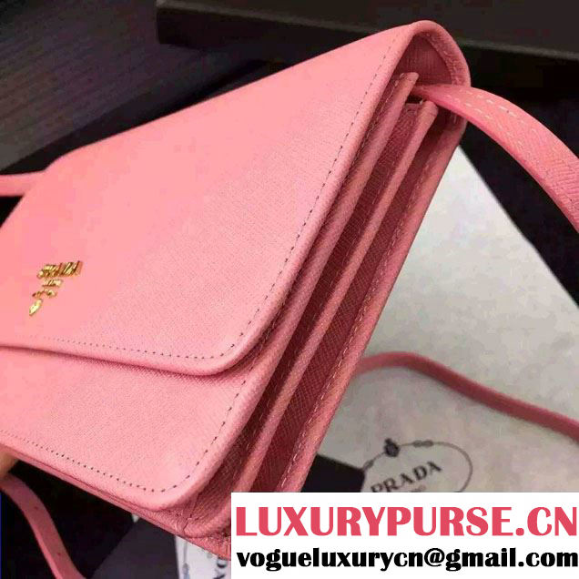 Prada Saffiano Leather Wallet with Shoulder Strap 1M1361 Pink