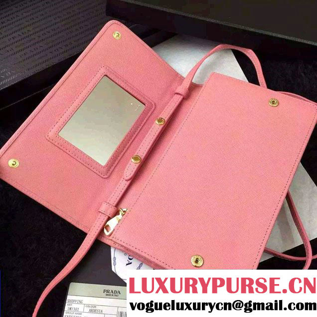 Prada Saffiano Leather Wallet with Shoulder Strap 1M1361 Pink