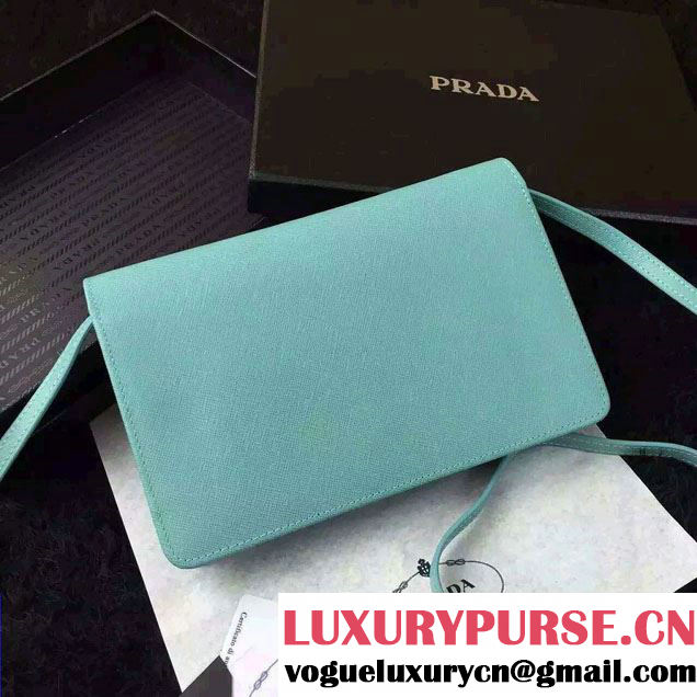 Prada Saffiano Leather Wallet with Shoulder Strap 1M1361 Cyan