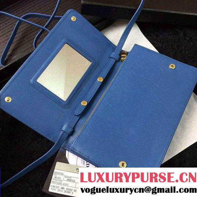 Prada Saffiano Leather Wallet with Shoulder Strap 1M1361 Blue