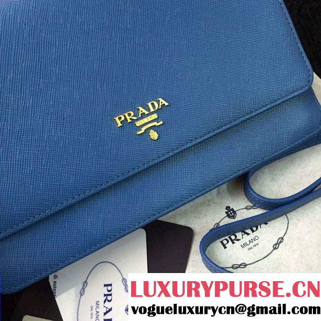 Prada Saffiano Leather Wallet with Shoulder Strap 1M1361 Blue