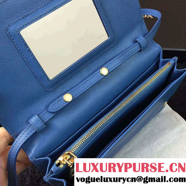 Prada Saffiano Leather Wallet with Shoulder Strap 1M1361 Blue