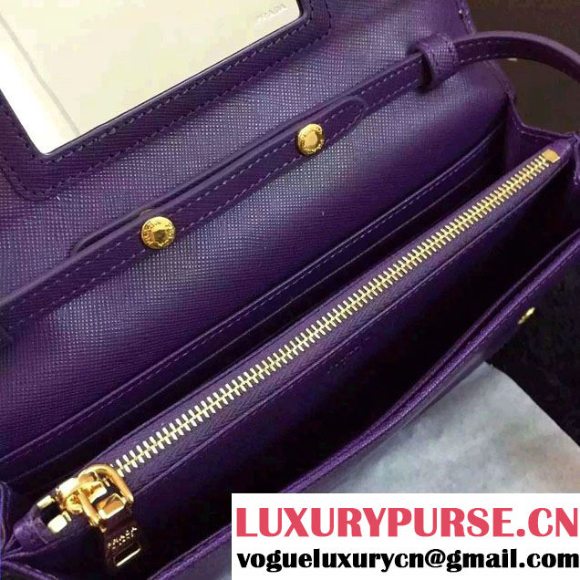 Prada Saffiano Leather Wallet with Shoulder Strap 1M1361 Purple