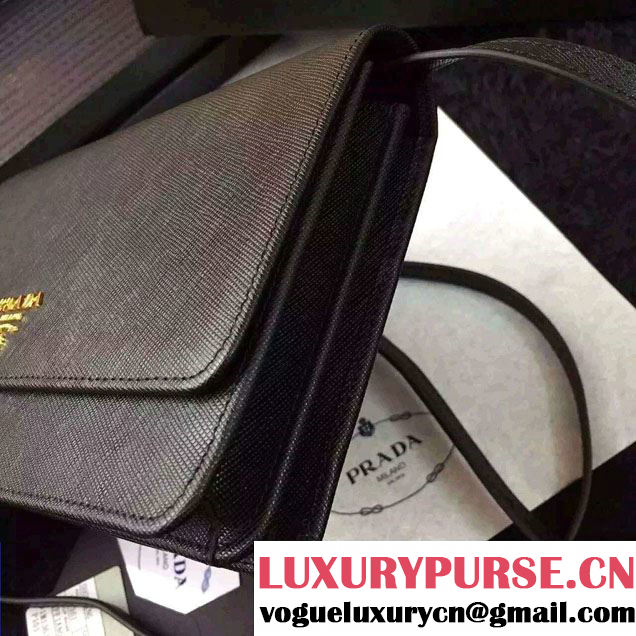 Prada Saffiano Leather Wallet with Shoulder Strap 1M1361 Black
