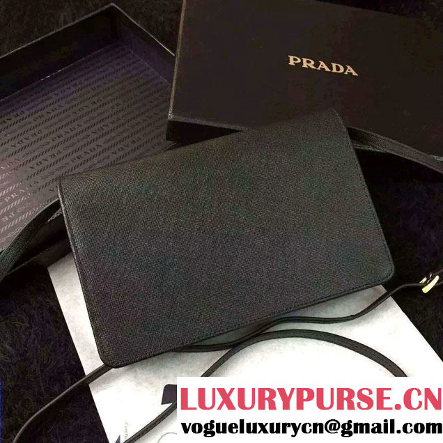 Prada Saffiano Leather Wallet with Shoulder Strap 1M1361 Black