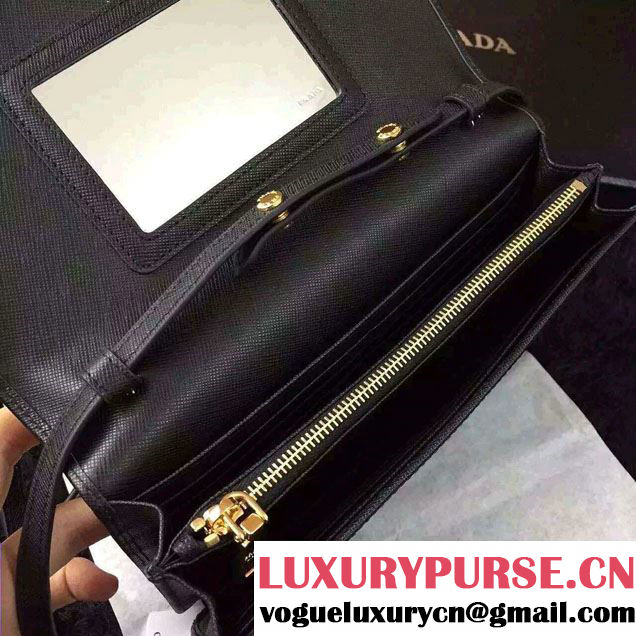 Prada Saffiano Leather Wallet with Shoulder Strap 1M1361 Black