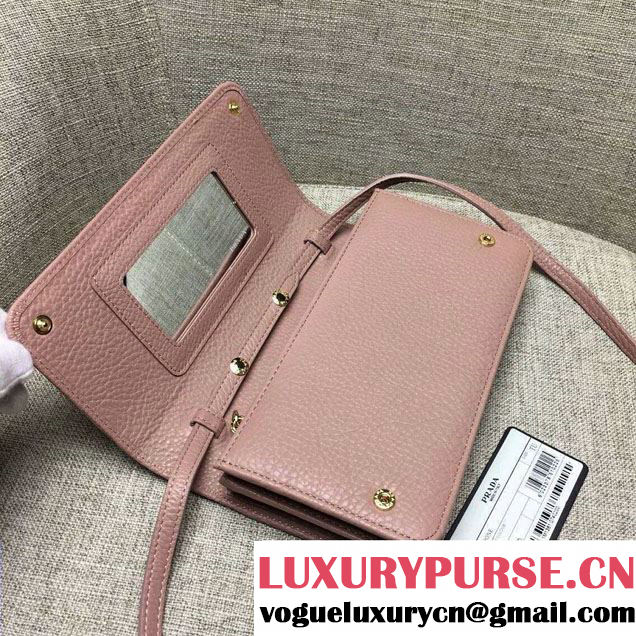 Prada Clemence Leather Wallet with Shoulder Strap 1M143 Nude Pink