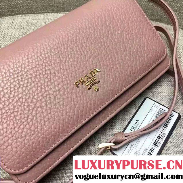 Prada Clemence Leather Wallet with Shoulder Strap 1M143 Nude Pink