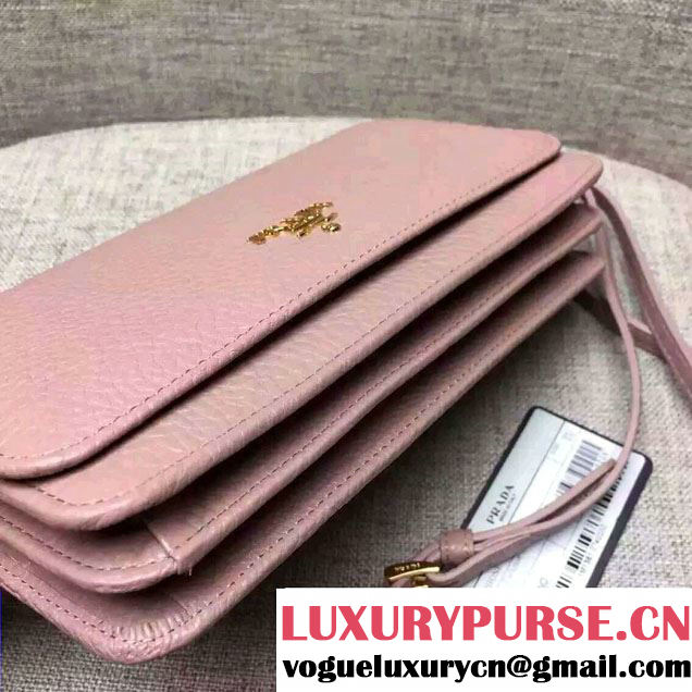 Prada Clemence Leather Wallet with Shoulder Strap 1M143 Nude Pink