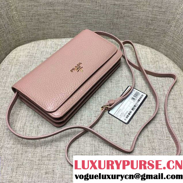 Prada Clemence Leather Wallet with Shoulder Strap 1M143 Nude Pink
