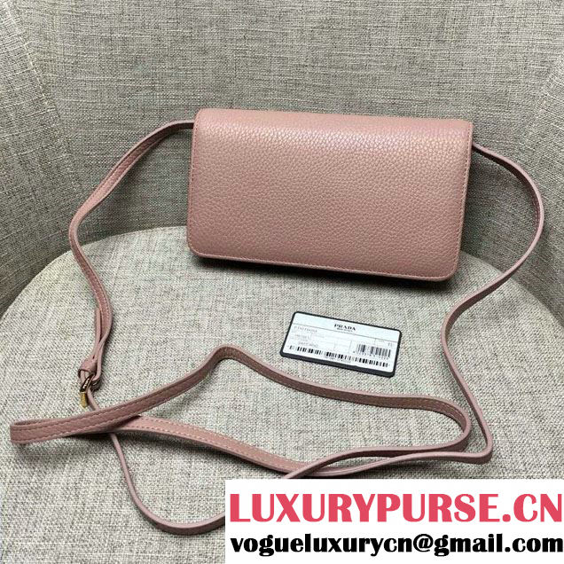 Prada Clemence Leather Wallet with Shoulder Strap 1M143 Nude Pink