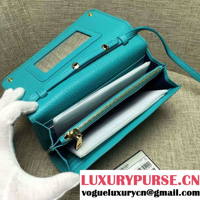 Prada Clemence Leather Wallet with Shoulder Strap 1M143 Turquoise
