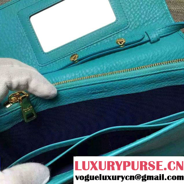 Prada Clemence Leather Wallet with Shoulder Strap 1M143 Turquoise