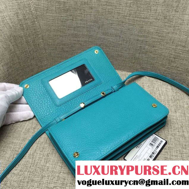Prada Clemence Leather Wallet with Shoulder Strap 1M143 Turquoise