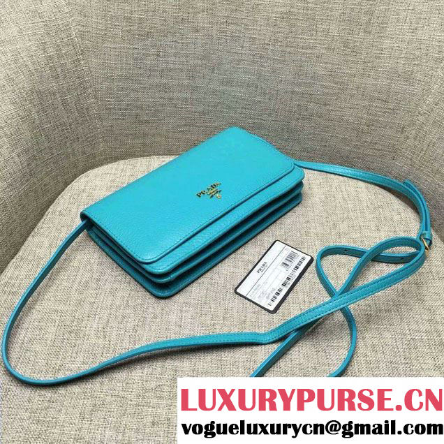 Prada Clemence Leather Wallet with Shoulder Strap 1M143 Turquoise