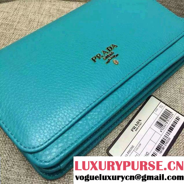 Prada Clemence Leather Wallet with Shoulder Strap 1M143 Turquoise