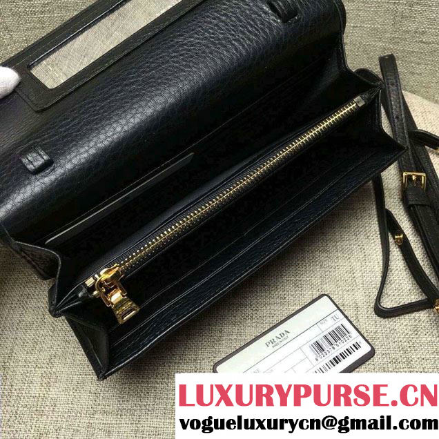 Prada Clemence Leather Wallet with Shoulder Strap 1M143 Black