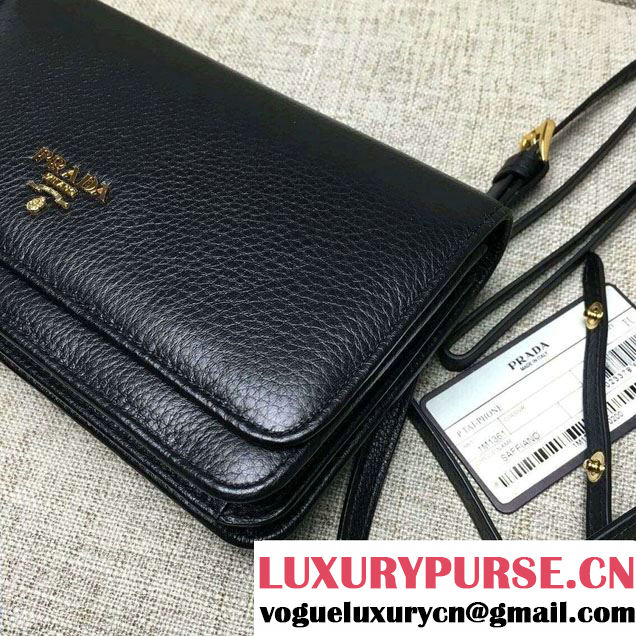 Prada Clemence Leather Wallet with Shoulder Strap 1M143 Black