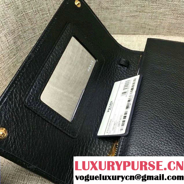 Prada Clemence Leather Wallet with Shoulder Strap 1M143 Black