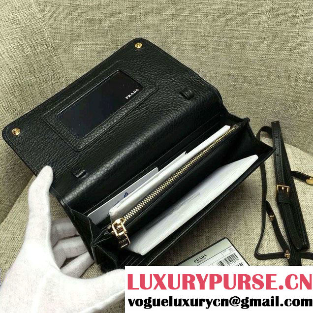 Prada Clemence Leather Wallet with Shoulder Strap 1M143 Black