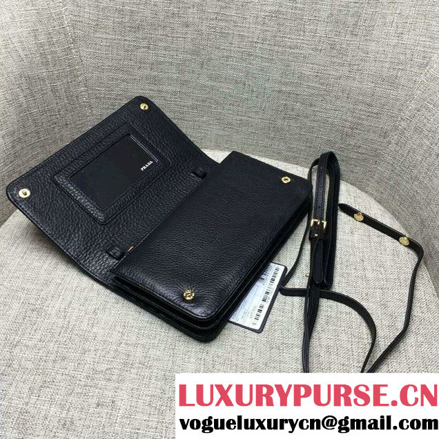 Prada Clemence Leather Wallet with Shoulder Strap 1M143 Black
