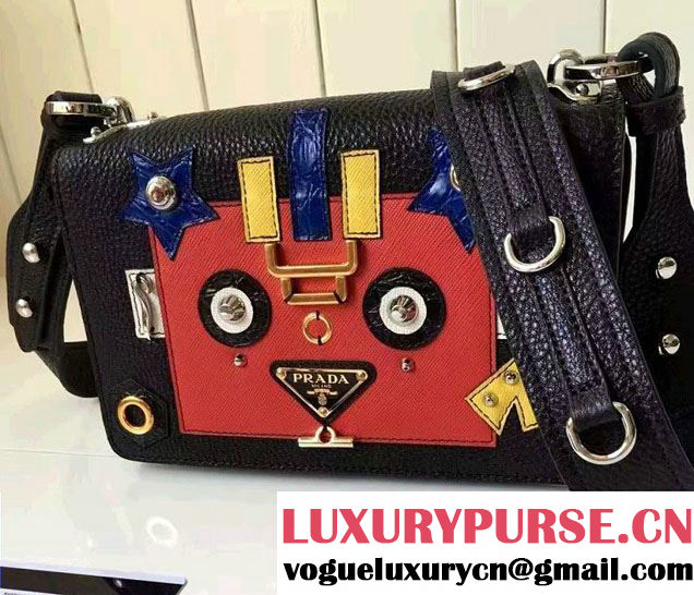 Prada Robot Motif Calf Leather Shoulder Bag 1BD055 Black/Red 2016