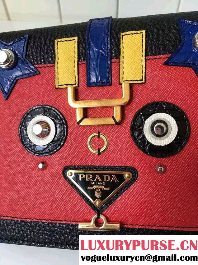 Prada Robot Motif Calf Leather Shoulder Bag 1BD055 Black/Red 2016