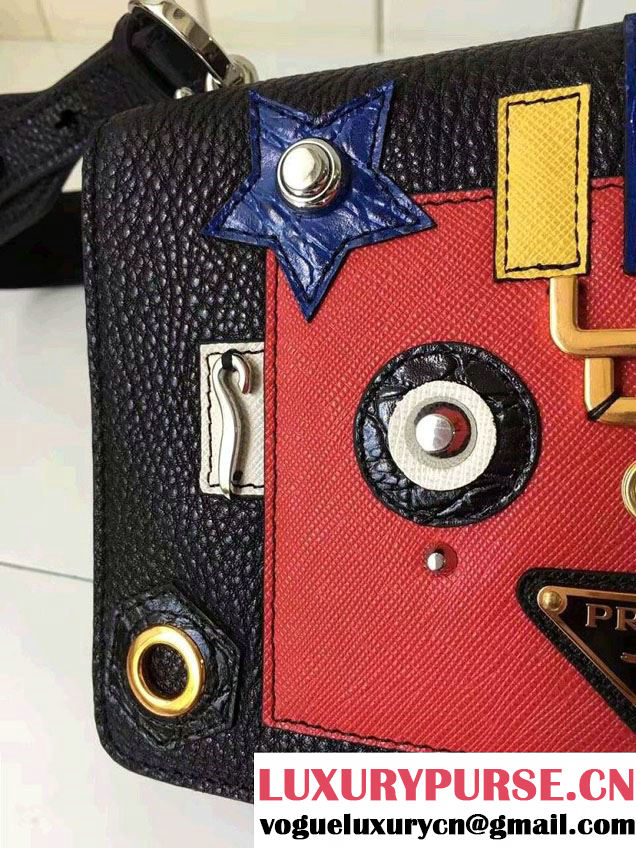 Prada Robot Motif Calf Leather Shoulder Bag 1BD055 Black/Red 2016