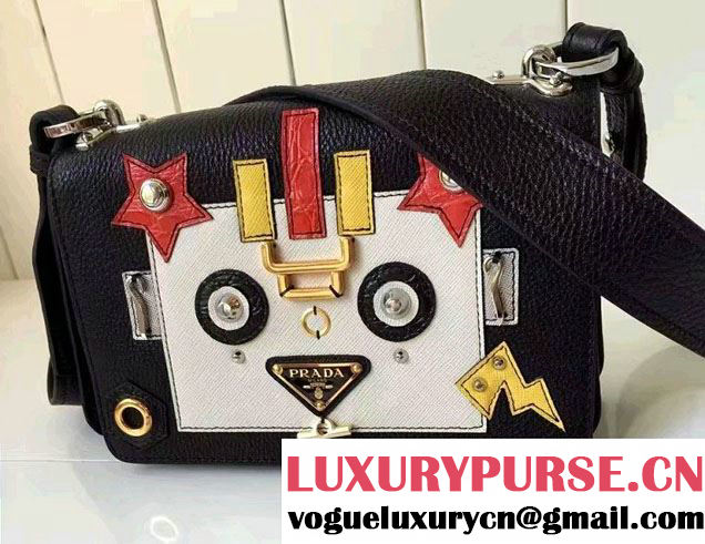 Prada Robot Motif Calf Leather Shoulder Bag 1BD055 Black/White 2016