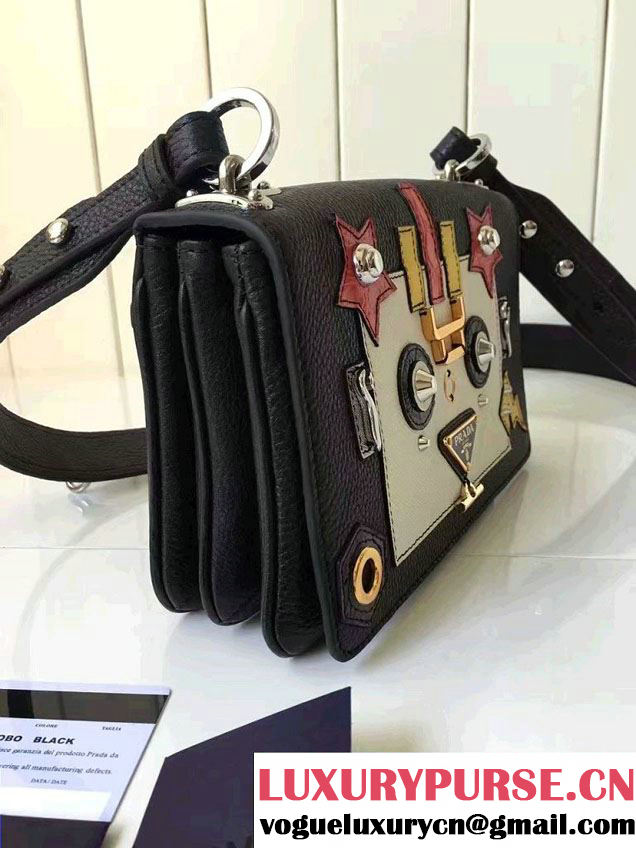 Prada Robot Motif Calf Leather Shoulder Bag 1BD055 Black/White 2016